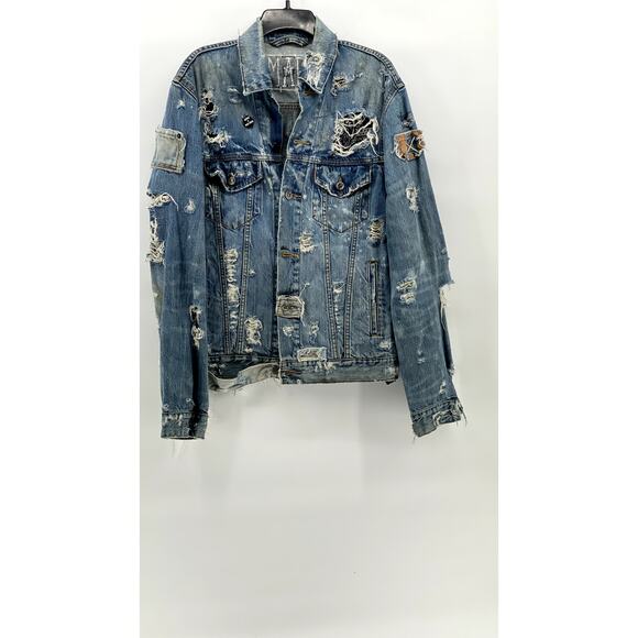 LEVI'S Men's Medium Wash Distressed Patchwork Streetwear Button-Up Jacket SZ M/L - Picture 2 of 12